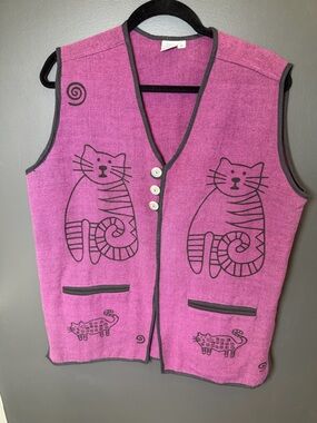 VENUS Pink Cat Print Vest with Black Trim
